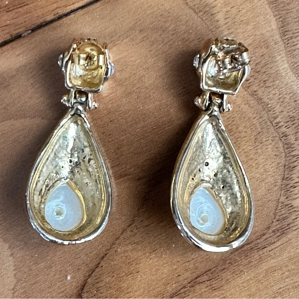 Vintage Tear Drop Earrings Faux Pearl Rhinestone Enamel